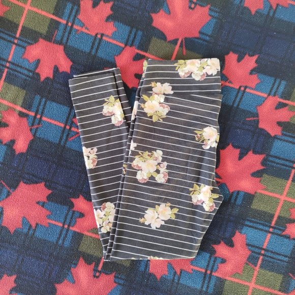 OS LuLaRoe Striped Floral Leggings - Picture 1 of 7